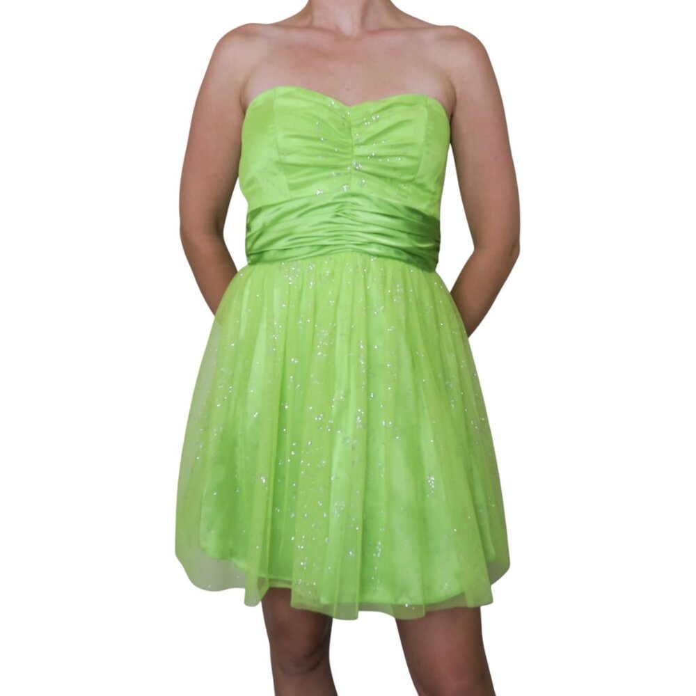 Vintage Y2K MXI Lime Green Glittery Star Strapless Tulle Dress